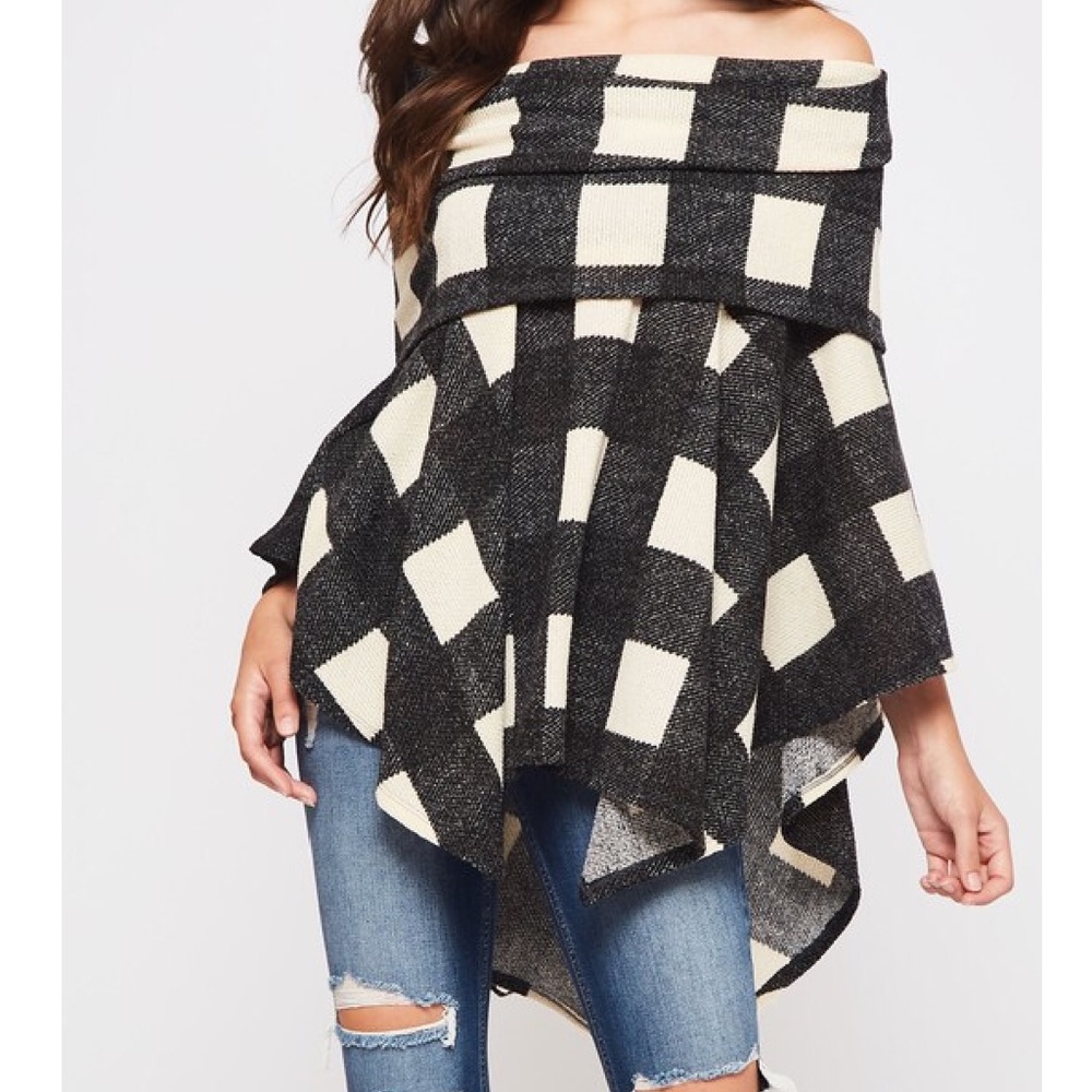 Plaid Off the Shoulder Sweater Poncho - Picture 1 of 5